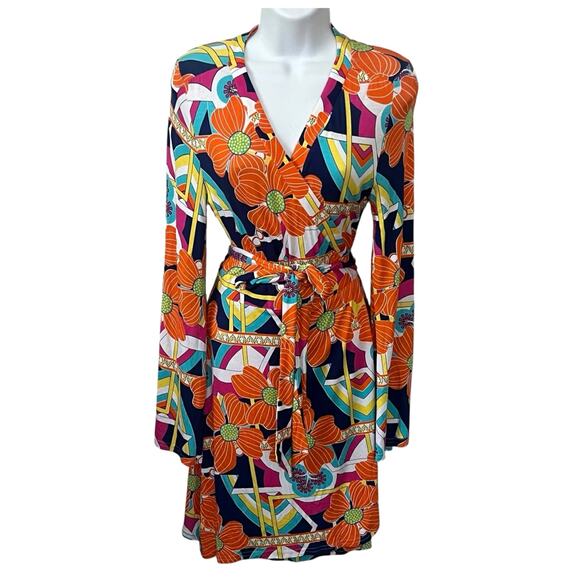 Macbeth Collection by Margaret Josephs Wrap Dress M Bell Sleeve Tropical Floral - Picture 1 of 10